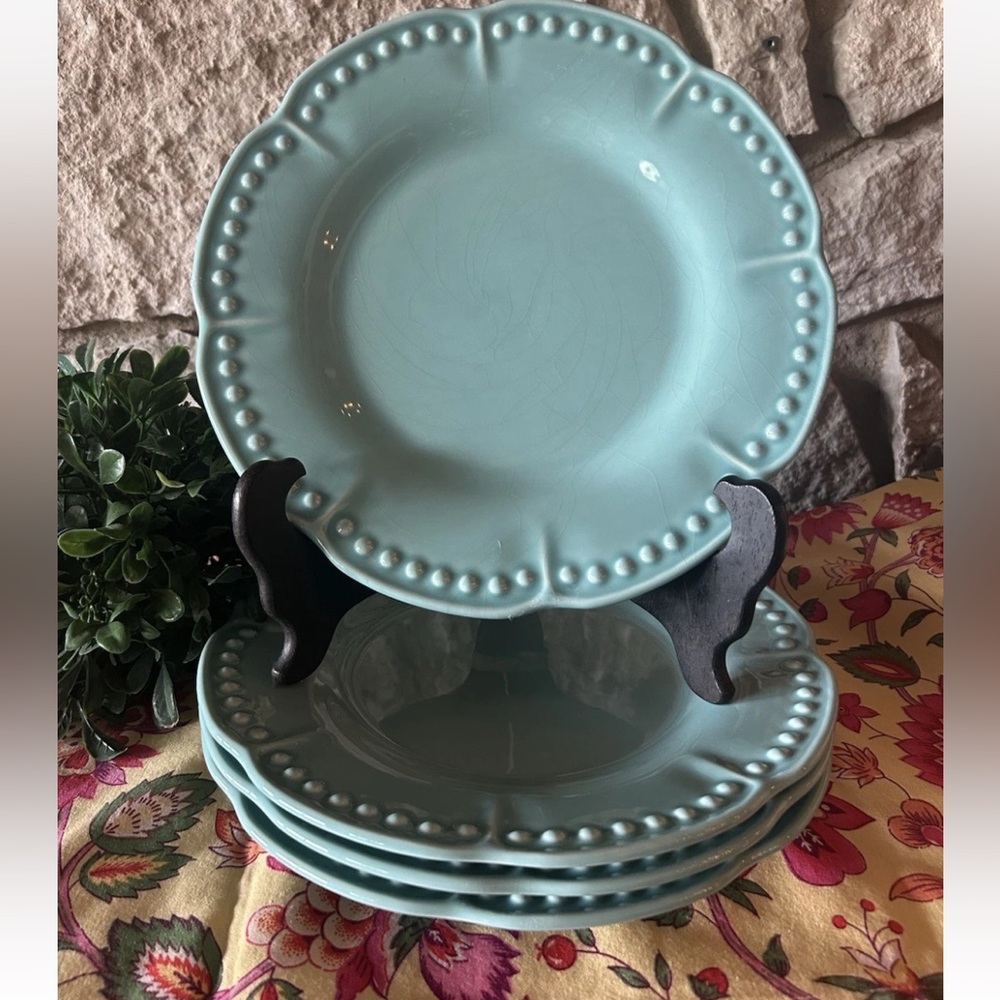 4 Matceramica Portugal‎ Dinner Plates Blue Aqua Beaded Scalloped Edge 11"